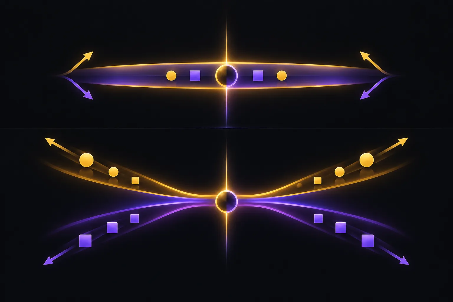 Abstract comparison of two dealer gamma setups, with contrasting hedge-flow arrows around a central level.