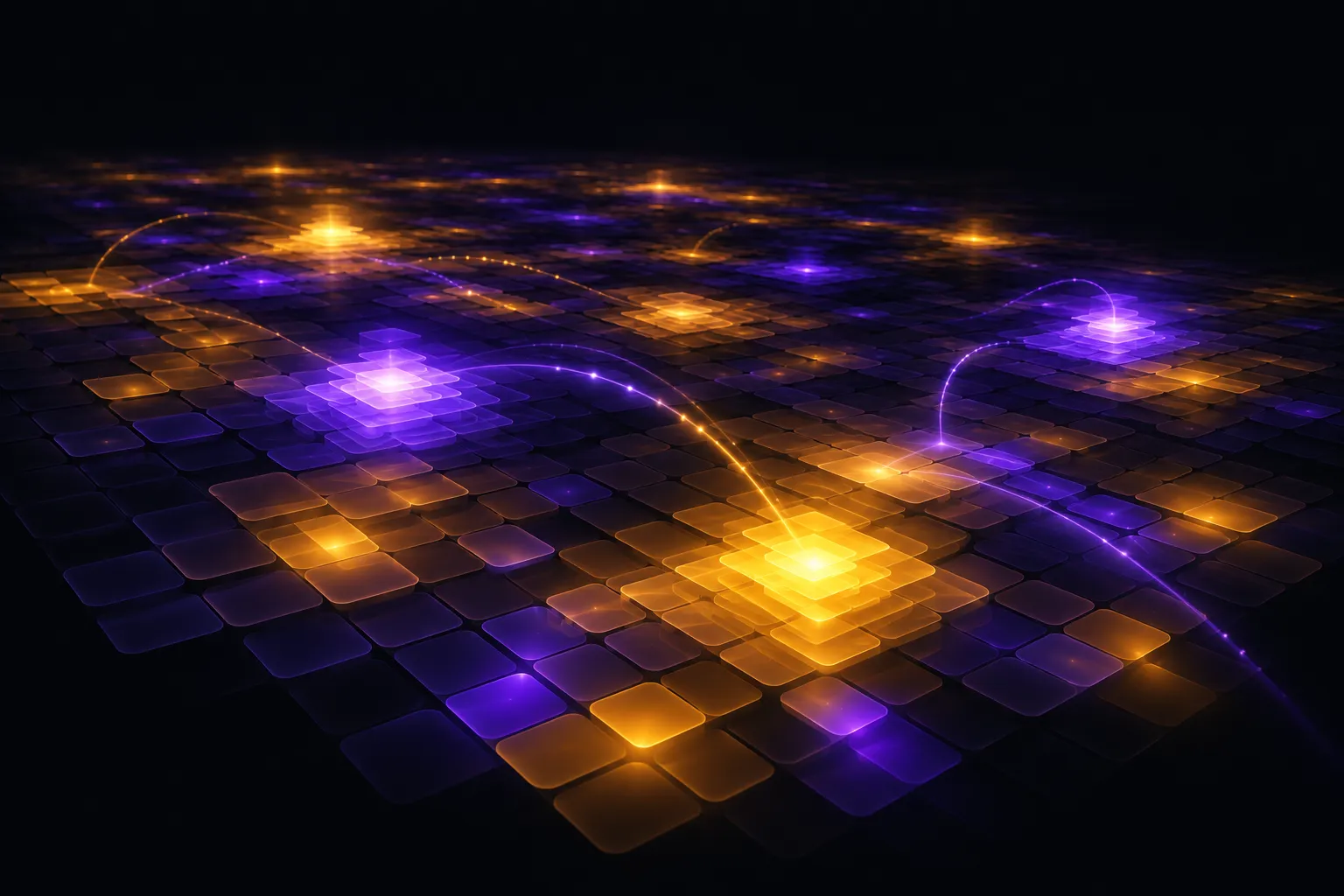 Gold and violet heat-grid cells glow at different strengths across a dark perspective field.