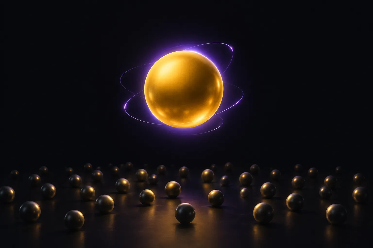 A bright gold orb floats above a field of dimmer orbs, with violet light tracing around it.